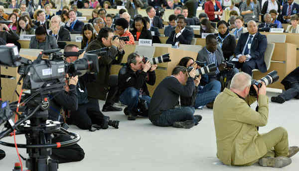 A view of journalists covering the opening of the twenty-eighth session the Human Rights Council in Geneva. UN Photo/Jean-Marc Ferré