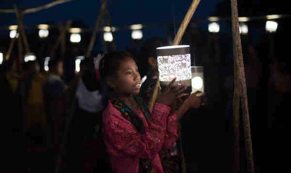 Child looking at the animal lit by the lantern's light.