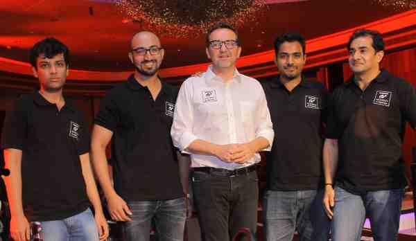 (L-R) 2014 GT Academy Finalists - Karl Patel, Abhinav Bhatt with Mr. Guillaume Sicard - President Nissan India and other finalists Glen Ivan Suchitha and Prakash Nair at the launch of second season of GT Academy in India