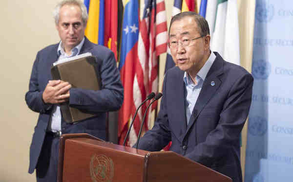 Secretary-General Ban Ki-moon briefs the media on allegations of sexual abuse by UN peacekeepers in the Central African Republic (CAR). UN Photo/Eskinder Debebe