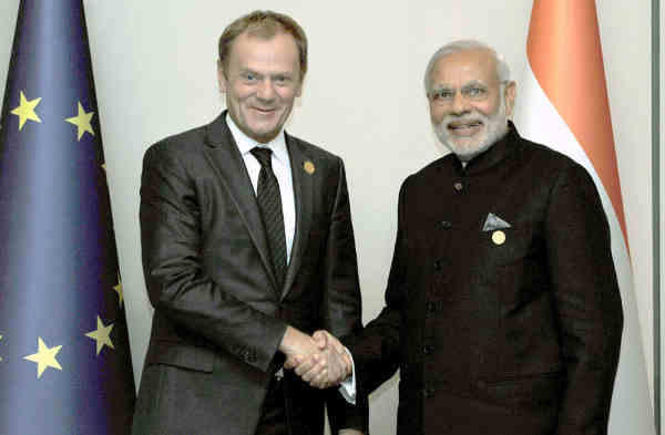 Narendra Modi with the President of the European Council, Donald Tusk, on the sidelines of G20 Summit 2015, in Turkey on November 15, 2015.
