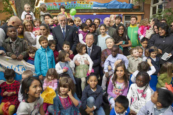 Secretary-General Ban Ki-moon and Madam Ban meet with families of refugees at the Centre Tenda Di Abramo in Rome. UN Photo/Rick Bajornas (file)