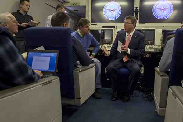Ash Carter speaks with reporters aboard an Air Force E4-B aircraft as he flies to Brussels, Feb. 9, 2016, to attend NATO meetings for defense ministers. DoD photo by Air Force Senior Master Sgt. Adrian Cadiz