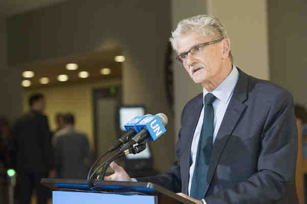 General Assembly President Mogens Lykketoft, briefs journalists following informal dialogues on 12-14 April with nine candidates for the next Secretary-General of the United Nations. UN Photo / Rick Bajornas