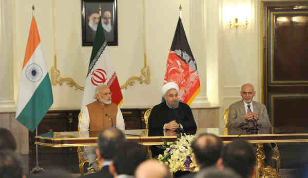 Narendra Modi with the President of Iran, Hassan Rouhani and the President of Afghanistan, Mohammad Ashraf Ghani, witnessing the signing of Trilateral Agreement between India, Afghanistan and Iran, in Tehran on May 23, 2016