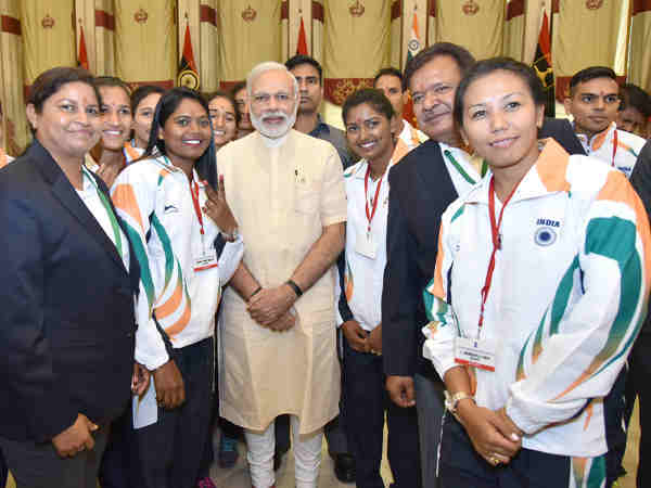 Narendra Modi interacting with the sportspersons who will be representing India at forthcoming Rio Olympic Games, in New Delhi on July 04, 2016