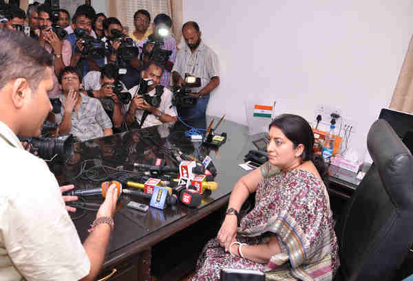 Smriti Irani interacting with media persons, on taking charge as the Union Textiles Minister, in New Delhi on July 06, 2016
