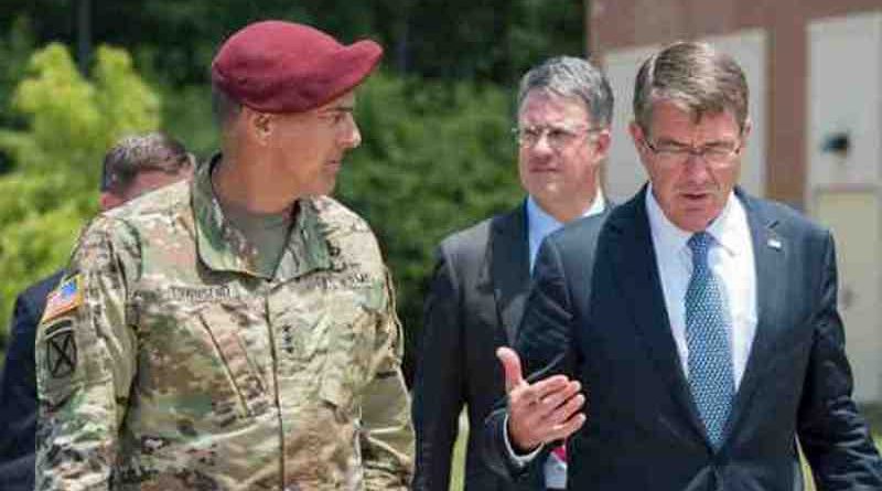 Secretary of Defense Ash Carter speaks with Army Lt. Gen. Stephen Townsend, left, XVIII Airborne Corps commanding general, during a visit to Fort Bragg, N.C., July 27, 2016. Townsend is the incoming commander for Combined Joint Task Force-Operation Inherent Resolve. (DoD photo by Air Force Tech. Sgt. Brigitte N. Brantley)