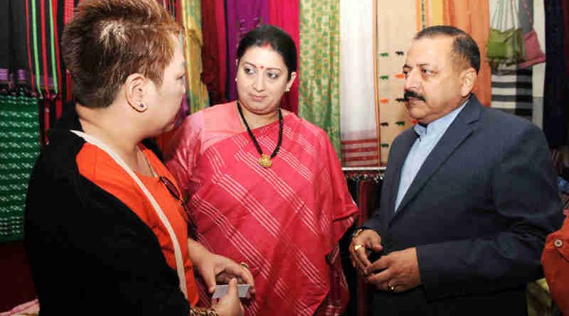 Smriti Irani and Jitendra Singh visiting the Purbashree Stall at Dilli Haat, INA, in New Delhi on November 28, 2016