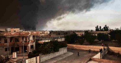 Oil wells set alight by ISIL are visible from the newly retaken Iraqi town of al-Hud, outside Mosul, where IOM distributed 350 non-food item kits to recently displaced families. UN Photo: IOM / Jennifer Sparks (representational image)