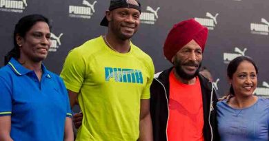 L-R: PT Usha, Asafa Powell, Milkha Singh and Ashwini Nachappa