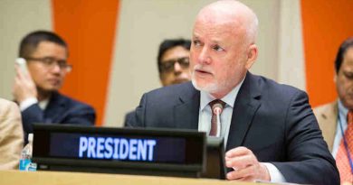 General Assembly President Peter Thomson briefs delegates on the strategy of his office to support the implementation of the Sustainable Development Goals. UN Photo / Manuel Elias