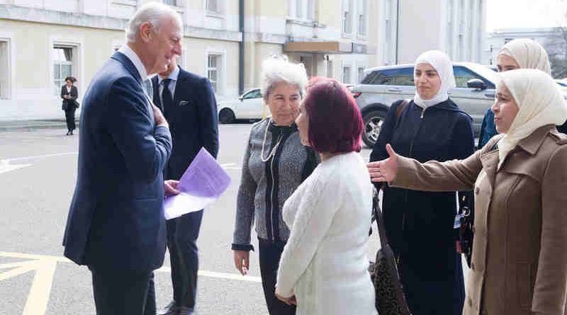 United Nations Special Envoy for Syria Staffan de Mistura welcomes a delegation of Syrian women during the Intra-Syrian talks, Geneva. 23 February 2017. UN Photo/Violaine Martin