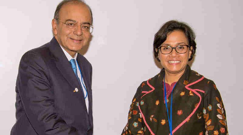 Arun Jaitley in a bilateral meeting with the Finance Minister of Indonesia, Mulyani Indrawati, on the sidelines of the Spring Meetings of World Bank and IMF, in Washington D.C. on April 21, 2017
