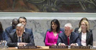 Secretary-General António Guterres (left) addresses the Security Council ministerial-level meeting on the nuclear weapon and ballistic missile programmes of the Democratic People’s Republic of Korea (DPRK). At right is Rex W. Tillerson, US Secretary of State and President of the Security Council for April. UN Photo / Eskinder Debebe