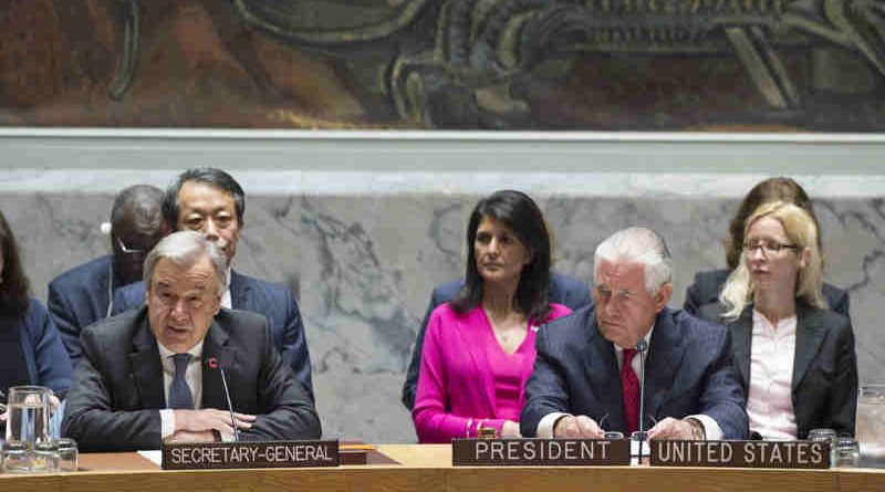 Secretary-General António Guterres (left) addresses the Security Council ministerial-level meeting on the nuclear weapon and ballistic missile programmes of the Democratic People’s Republic of Korea (DPRK). At right is Rex W. Tillerson, US Secretary of State and President of the Security Council for April. UN Photo / Eskinder Debebe