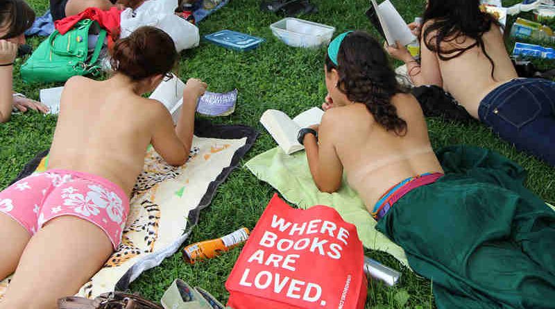 Topless book club meeting in an NYC park