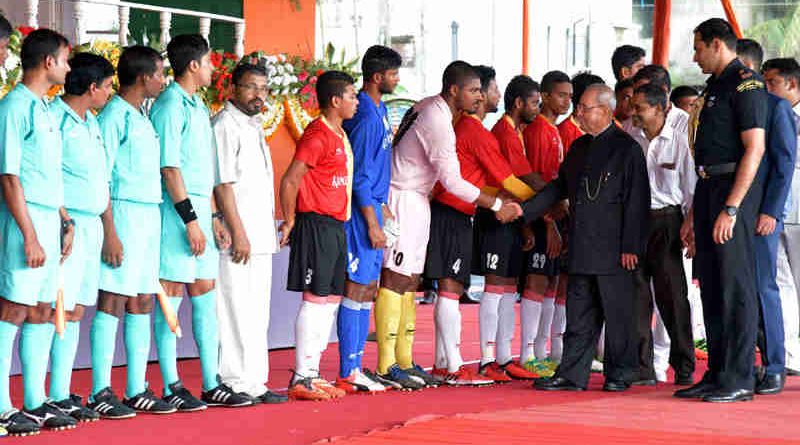 Pranab Mukherjee being introduced to the players of football teams at the inauguration of the 7th edition of KKM Memorial Gold Cup-Rural Football Tournament 2017, at Mackenzie Park Football Ground, Murshidabad, in West Bengal on July 14, 2017