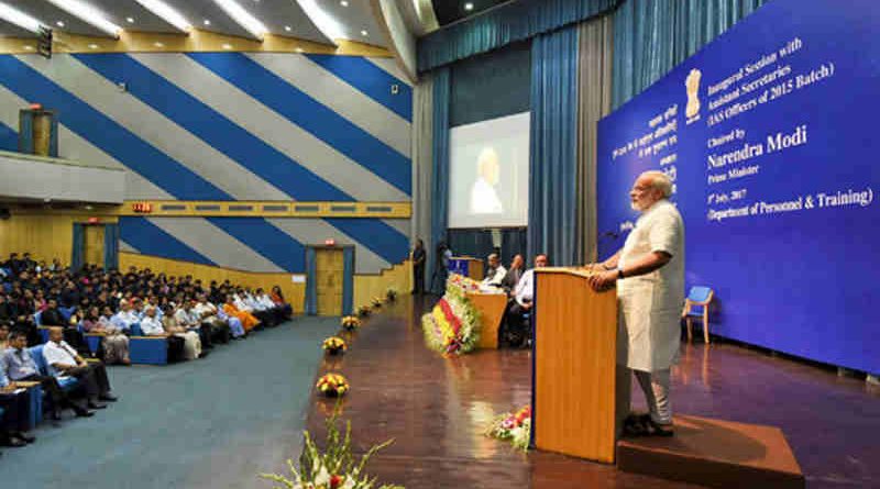 Narendra Modi delivering his address at the Inaugural Session of Assistant Secretaries (IAS Officers of the 2015 batch), at DRDO Bhawan, in New Delhi on July 03, 2017