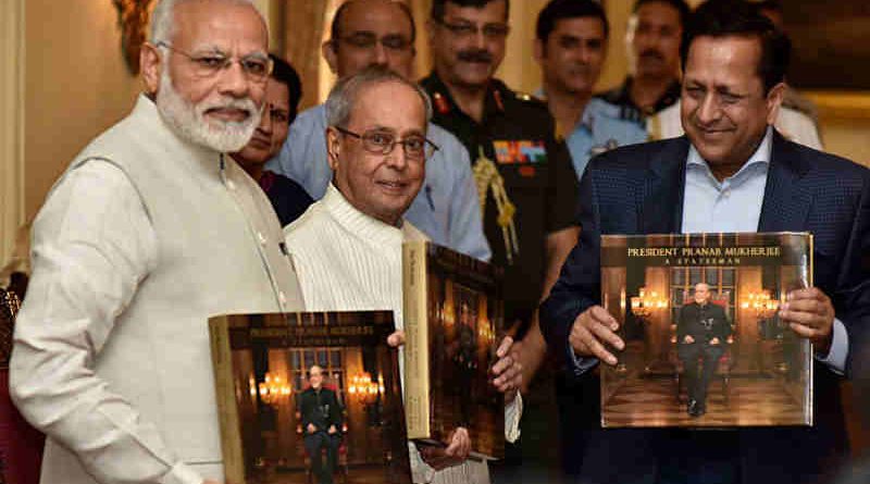 The Prime Minister, Shri Narendra Modi releasing the photo book titled “President Pranab Mukherjee - A Statesman” and presenting first copy to the President, Shri Pranab Mukherjee, at Rashtrapati Bhawan, in New Delhi on July 02, 2017.