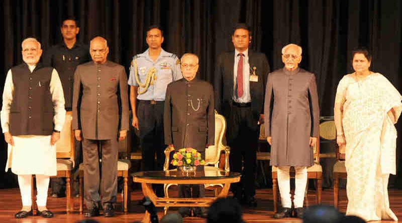 The President, Shri Pranab Mukherjee, the Vice President, Shri M. Hamid Ansari, the President-elect, Shri Ram Nath Kovind and the Prime Minister, Shri Narendra Modi at the release of Volume 4 of President Pranab Mukherjee’s selected speeches in Rashtrapati Bhavan, in New Delhi on July 24, 2017.