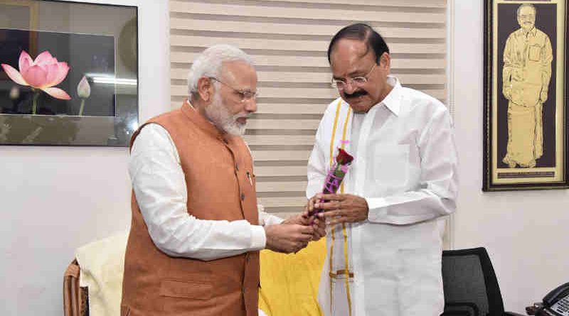 The Prime Minister, Shri Narendra Modi congratulates Shri M. Venkaiah Naidu on being elected India’s 13th Vice President, at his residence, in New Delhi on August 05, 2017.