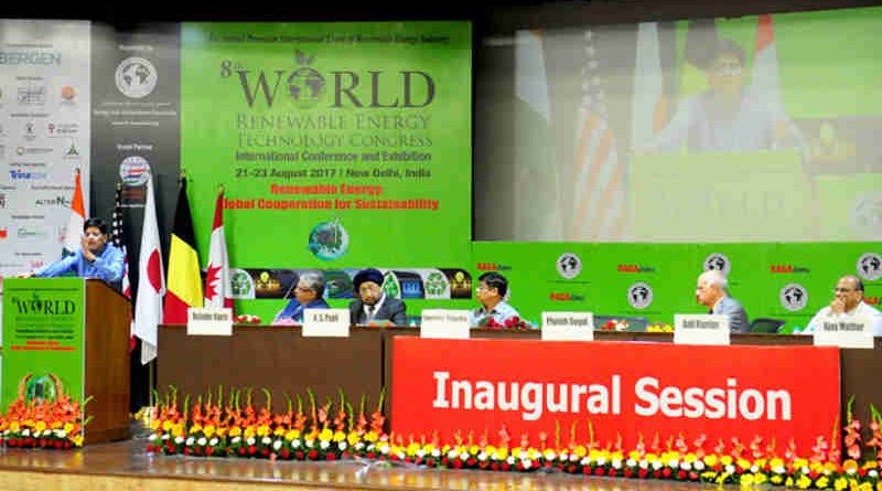 Piyush Goyal addressing at the 8th World Renewable Energy Technology Congress, in New Delhi on August 21, 2017