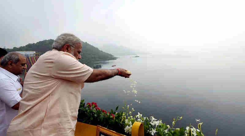 Narendra Modi at the Sardar Sarovar Dam, in Gujarat on September 17, 2017