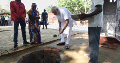 Narendra Modi doing shramdan for the construction of a twin pit toilet, at Village Shahanshahpur, Varanasi, Uttar Pradesh on September 23, 2017
