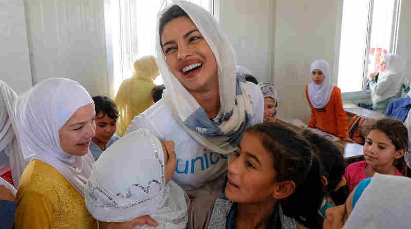 On 11 September 2017, UNICEF Goodwill Ambassador Priyanka Chopra (centre) meets with Syrian refugee students in the fourth grade during her visit to their school in Za’atari refugee camp, Mafraq Governorate, Jordan.