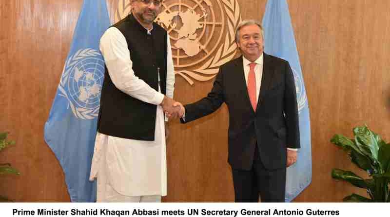 Prime Minister Shahid Khaqan Abbasi meets UN Secretary General Antonio Guterres at the UN Headquarters in New York on 21st September, 2017