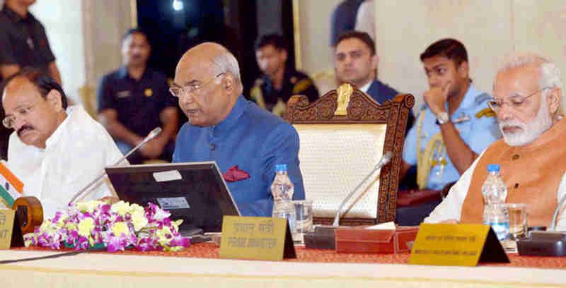 The President, Shri Ram Nath Kovind addressing the opening session of the 48th Conference of Governors, at Rashtrapati Bhavan, in New Delhi on October 12, 2017. The Vice President, Shri M. Venkaiah Naidu and the Prime Minister, Shri Narendra Modi are also seen.