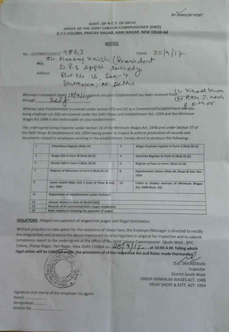 Notice from Labour Commissioner's office to DPS CGHS President Neeraj Vaish in the Labour Rights Violation case. 