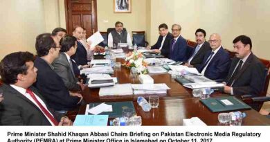 Prime Minister Shahid Khaqan Abbasi Chairs Briefing on Pakistan Electronic Media Regulatory Authority (PEMRA) at Prime Minister Office in Islamabad on October 11, 2017