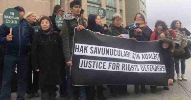 Delegation of human rights defenders outside court where trial of Taner continues. Photo: Amnesty International