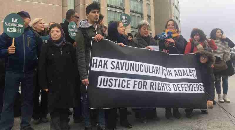 Delegation of human rights defenders outside court where trial of Taner continues. Photo: Amnesty International