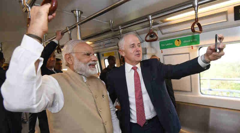 The Prime Minister, Shri Narendra Modi and the Prime Minister of Australia, Mr. Malcolm Turnbull travelling to Akshardham temple in Delhi Metro, in New Delhi on April 10, 2017.