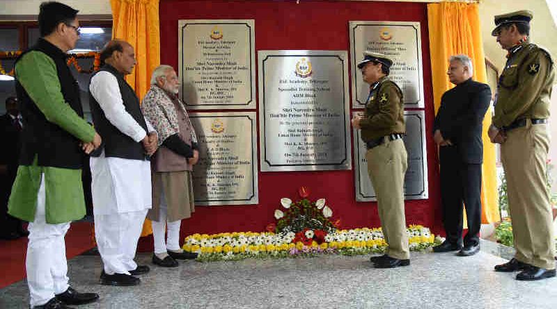 The Prime Minister, Shri Narendra Modi unveiled the plaques to mark the inauguration of five new buildings at the BSF Academy, during the Annual Conference of DGPs and IGPs, at Tekanpur, Madhya Pradesh on January 07, 2018. The Union Home Minister, Shri Rajnath Singh and the Minister of State for Home Affairs, Shri Kiren Rijiju are also seen. (file photo)