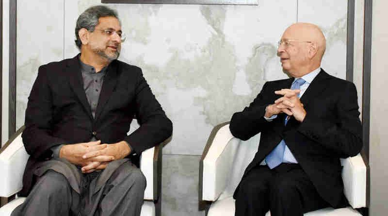 PRIME MINISTER SHAHID KHAQAN ABBASI MEETS FOUNDER AND CHAIRMAN OF THE WORLD ECONOMIC FORUM (WEF) PROFESSOR KLAUS SCHWAB IN DAVOS ON JANUARY 25, 2018.