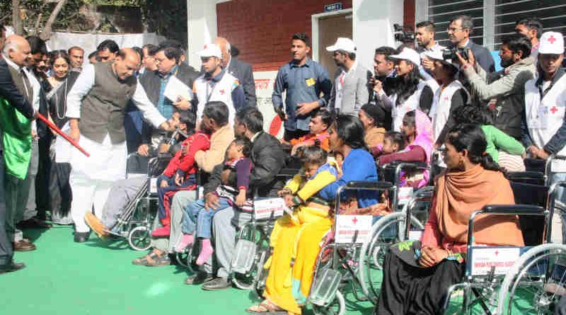 Rajnath Singh presenting the wheel chairs at the inauguration of the Sarai at the Postgraduate Institute of Medical Education and Research, in Chandigarh on January 30, 2018