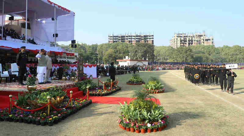 Rajnath Singh taking salute of the march past, during the Closing Ceremony of the 8th All India Police Commando Competition, at Manesar, Gurugram, in Haryana on January 20, 2018