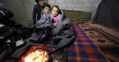 A Syrian family tries to keep warm in this unfinished building in the informal settlement of Al-Khalidia Al-Khamisa in Homs. UNICEF/Sanadiki (file)