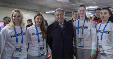 UN Secretary-General António Guterres meets with athletes at the Olympic village. UN Photo / Mark Garten