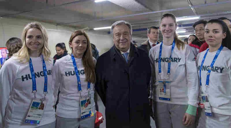 UN Secretary-General António Guterres meets with athletes at the Olympic village. UN Photo / Mark Garten