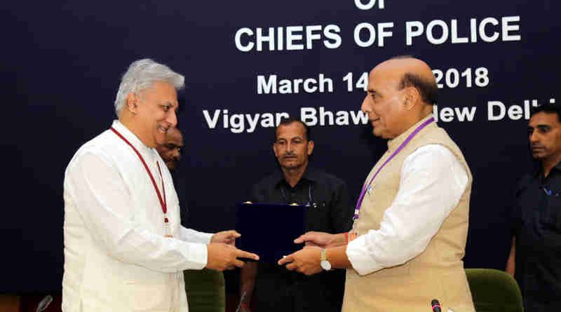 The Union Home Minister, Shri Rajnath Singh being presented a memento by the Director, IB, Shri Rajiv Jain, at the inauguration of the two-day Asia-Pacific Regional Conference of the International Association of Chiefs of Police (IACP), in New Delhi on March 14, 2018.