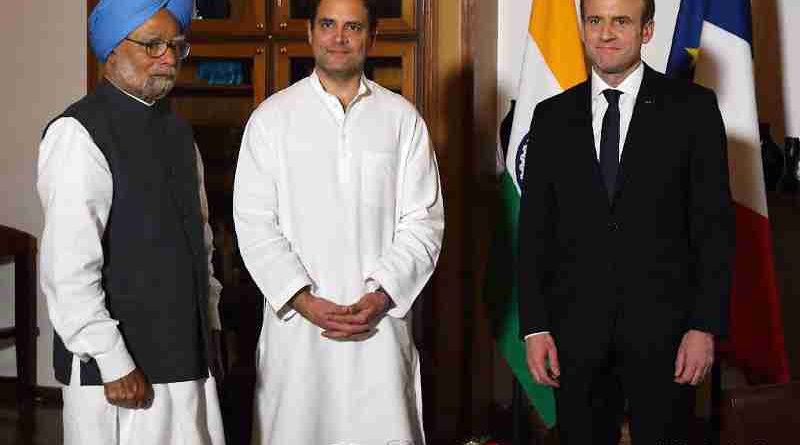 Rahul Gandhi with Manmohan Singh and Emmanuel Macron. Photo courtesy: Rahul Gandhi / Twitter