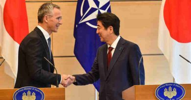 NATO Secretary General Jens Stoltenberg shakes hands with Japanese Prime Minister Shinzo Abe at a joint press conference in Tokyo, 31 October 2017. Photo: NATO (file photo)