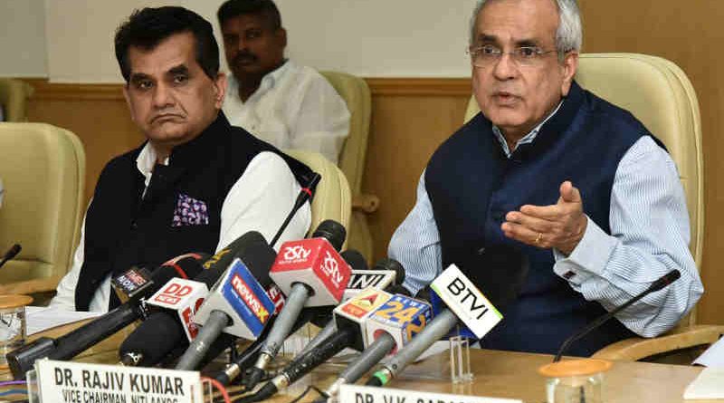 The Vice-Chairman, NITI Aayog, Rajiv Kumar addressing media after the 4th meeting of Governing Council of NITI Aayog, in New Delhi on June 17, 2018. The CEO, NITI Aayog, Amitabh Kant is also seen. (file photo)