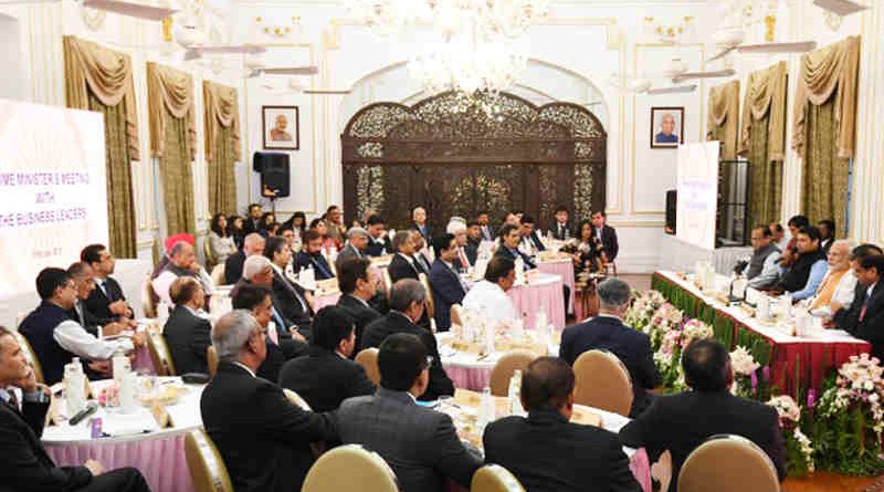 Narendra Modi with the business leaders and captains of industry, for a discussion on issues such as economic growth, infrastructure development, policy initiatives, investment, innovation and job creation, in Mumbai on June 26, 2018