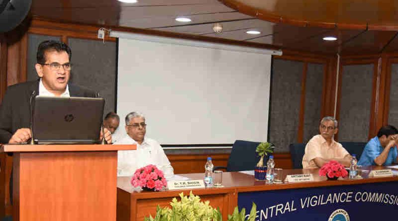 The CEO, NITI Aayog, Shri Amitabh Kant delivering the 33th lecture of the “Lecture Series”, organised by the Central Vigilance Commission (CVC) on the topic “Transformation of Aspirational Districts – a New India by 2022”, in New Delhi on July 26, 2018. The Central Vigilance Commissioner, Shri K.V. Chowdary and the Vigilance Commissioners Dr. T.M. Bhasin and Shri Sharad Kumar are also seen.